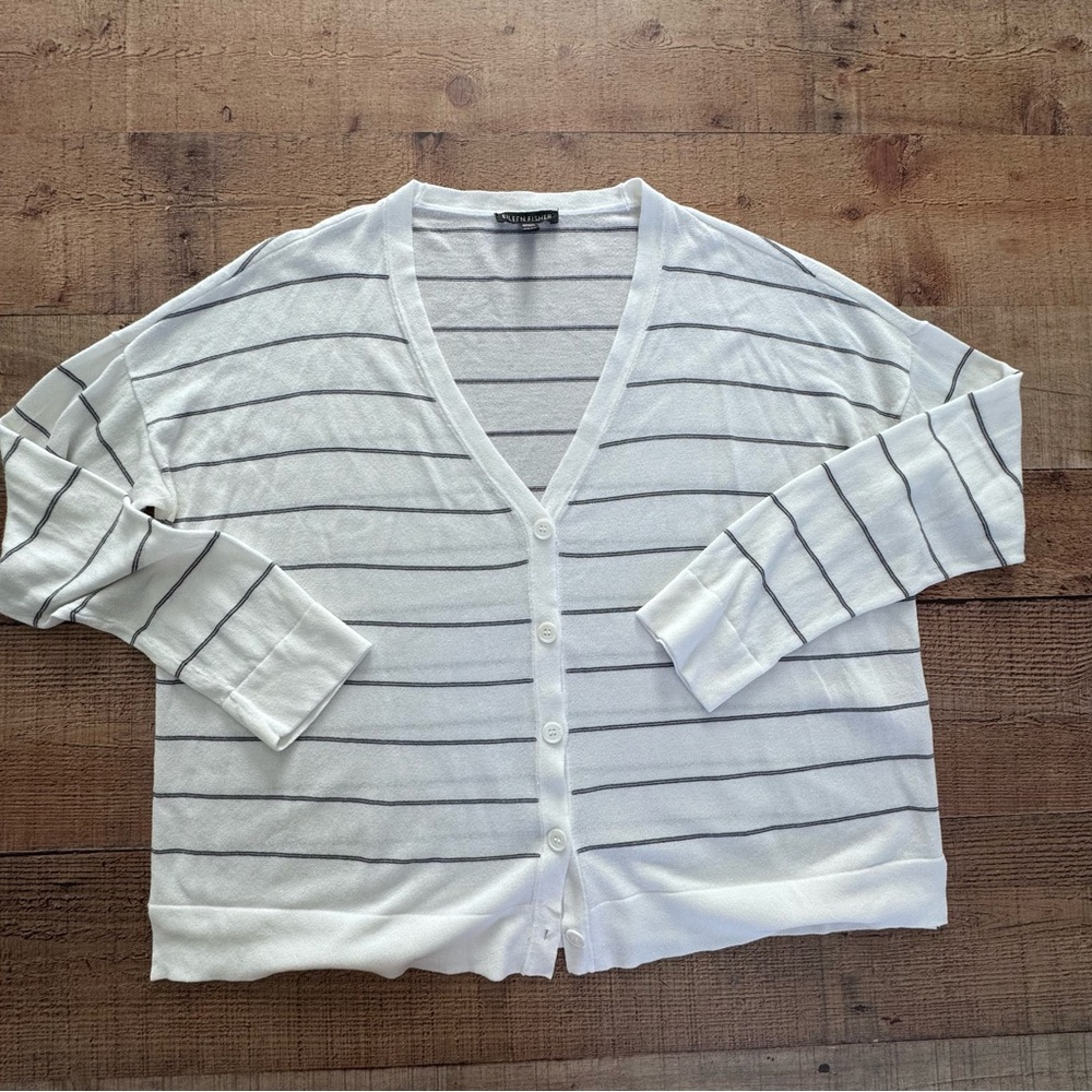 Eileen Fisher Lightweight V-Neck Knit Cardigan Black White Stripe XS